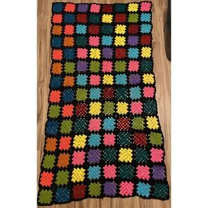 Granny Square Afghan Blanket Hand Crochet Black & Multi Large 72” X 36” Vintage